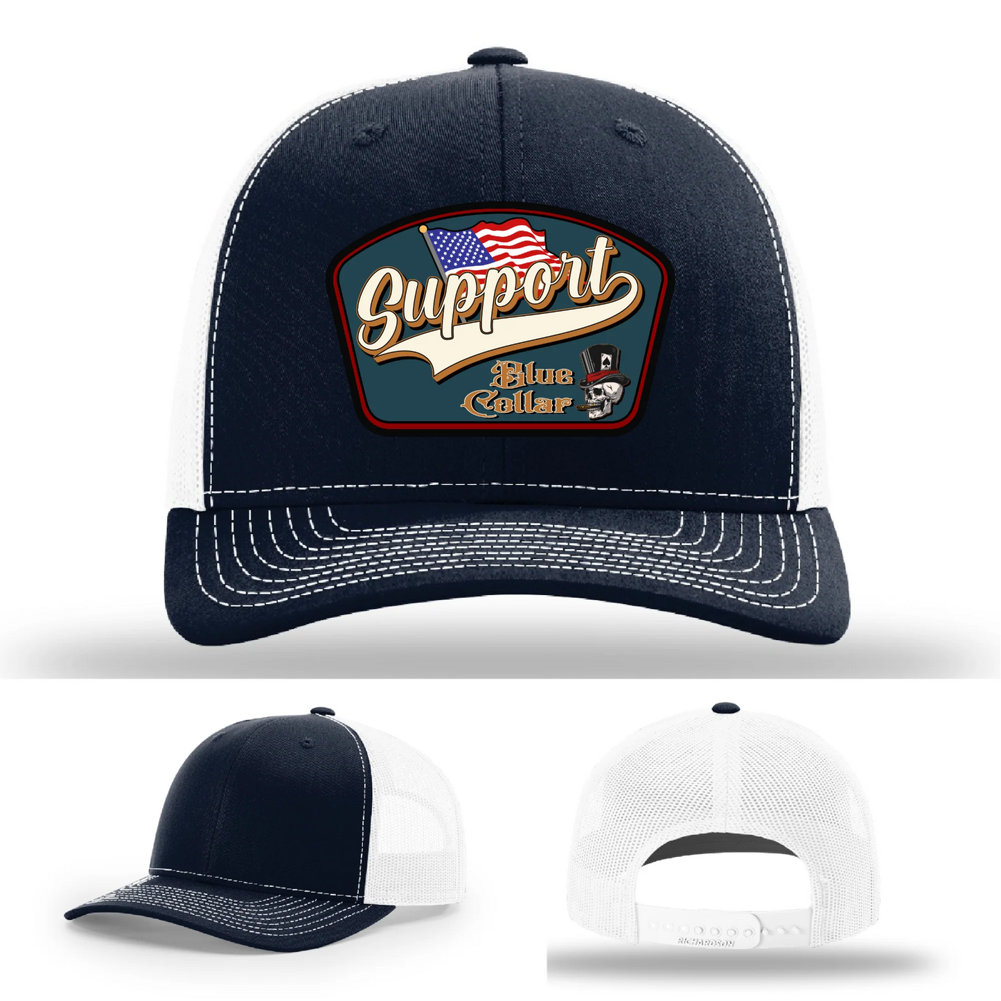 Support Blue Collar Leather Patch Hat American Flag Design