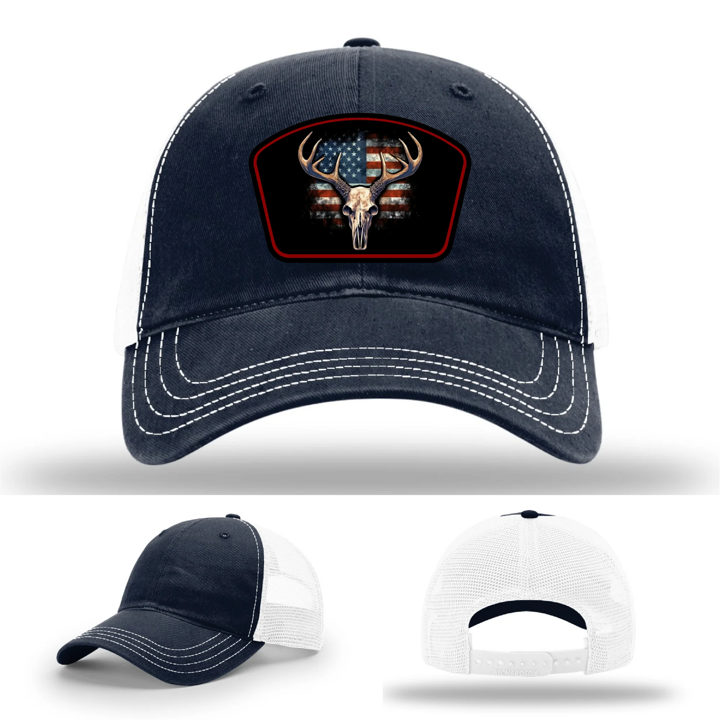 Patriotic Buck Hat | Leather Patch Hunting & Flag Design